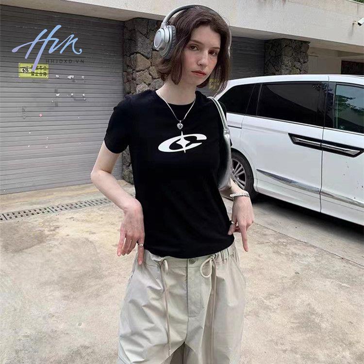 Áo Thun Tay Ngắn Dáng Ôm In Hình Hành Tinh Độc Đáo Phong Cách Retro Mỹ
