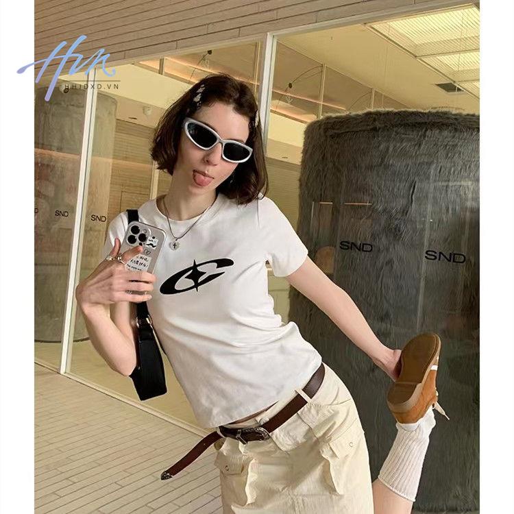 Áo Thun Tay Ngắn Dáng Ôm In Hình Hành Tinh Độc Đáo Phong Cách Retro Mỹ