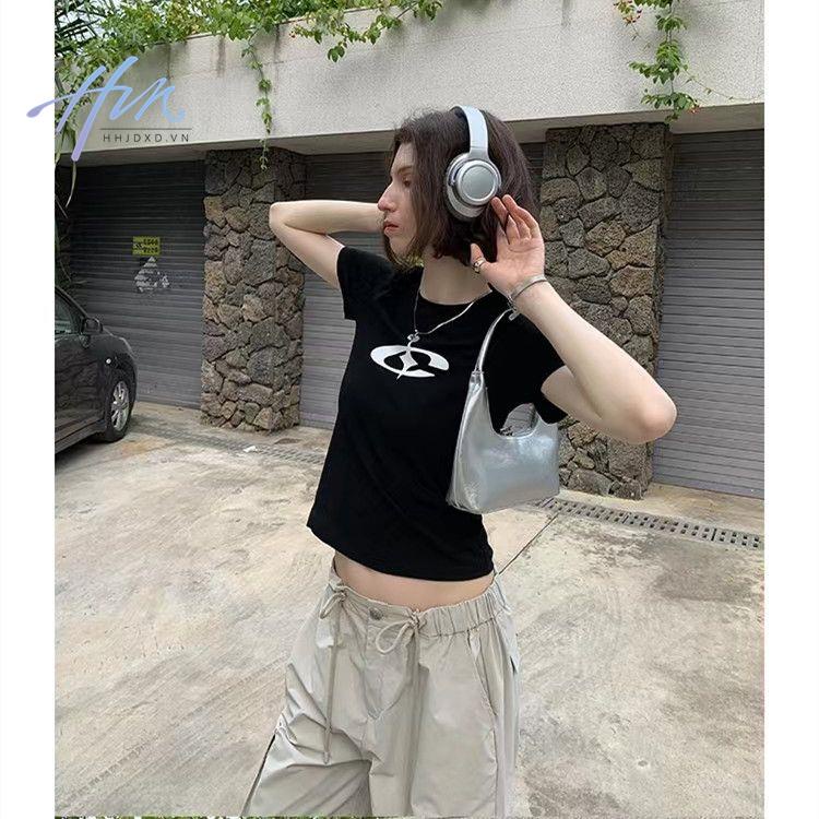 Áo Thun Tay Ngắn Dáng Ôm In Hình Hành Tinh Độc Đáo Phong Cách Retro Mỹ