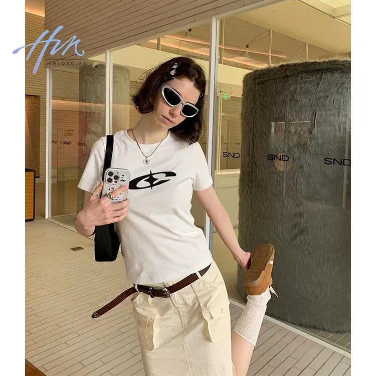 Áo Thun Tay Ngắn Dáng Ôm In Hình Hành Tinh Độc Đáo Phong Cách Retro Mỹ