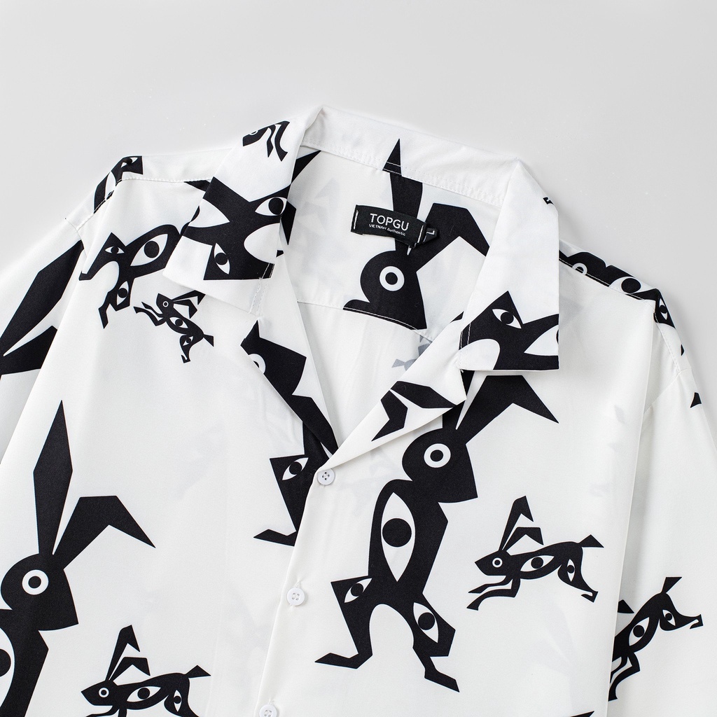 Áo sơ mi Cuban TOPGU họa tiết thỏ, vải lụa thoáng mát không nhăn, form regular