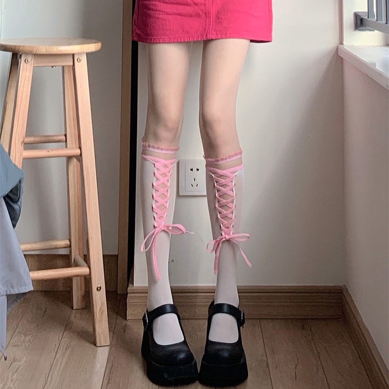 Vớ Ống Lửng Phối Ren Rỗng Màu Sắc Tương Phản Ngọt Ngào Thời Trang Cho Nữ