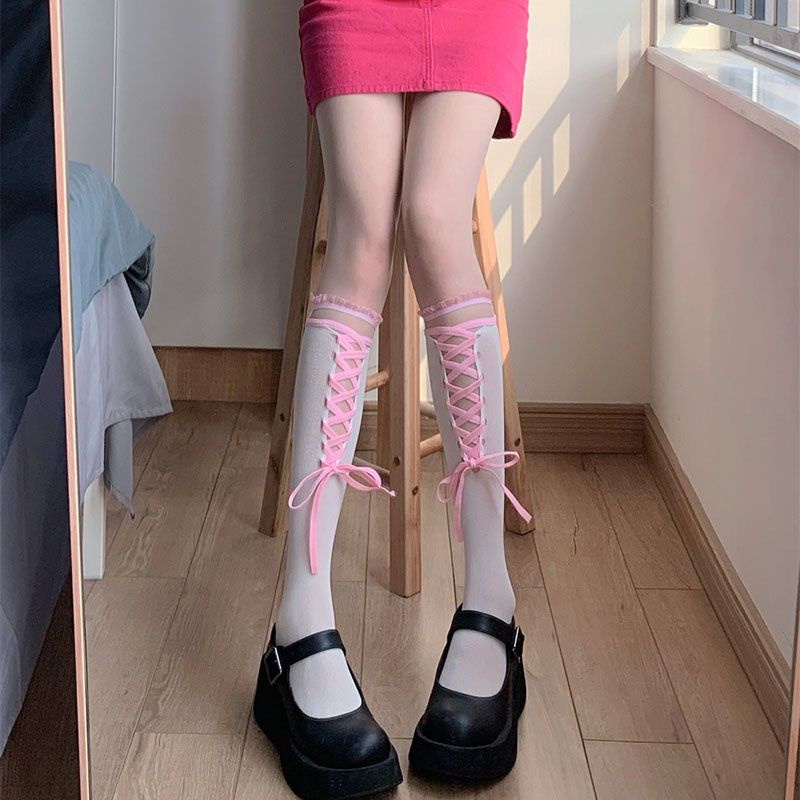 Vớ Ống Lửng Phối Ren Rỗng Màu Sắc Tương Phản Ngọt Ngào Thời Trang Cho Nữ