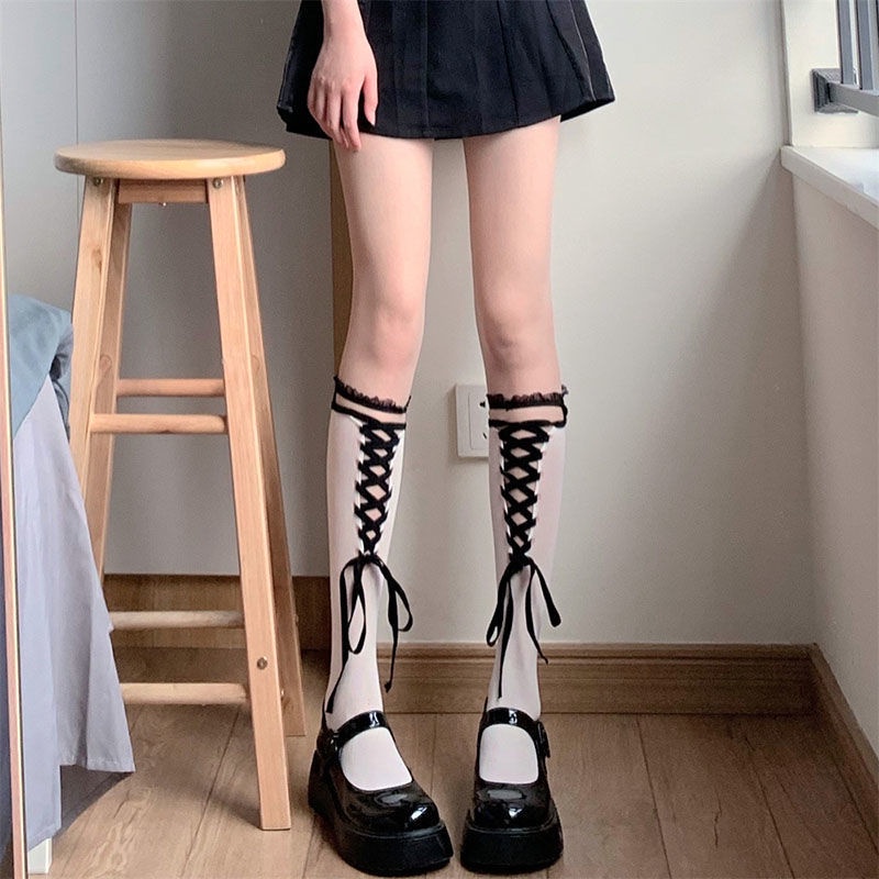 Vớ Ống Lửng Phối Ren Rỗng Màu Sắc Tương Phản Ngọt Ngào Thời Trang Cho Nữ