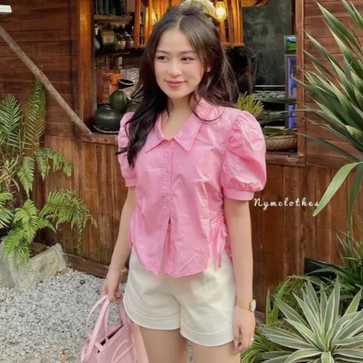 Áo sơmi nữ tay ngắn bồng rút dây 2 bên trơn xinh xắn kiểu dáng tiểu thư màu trắng, hồng, xanh