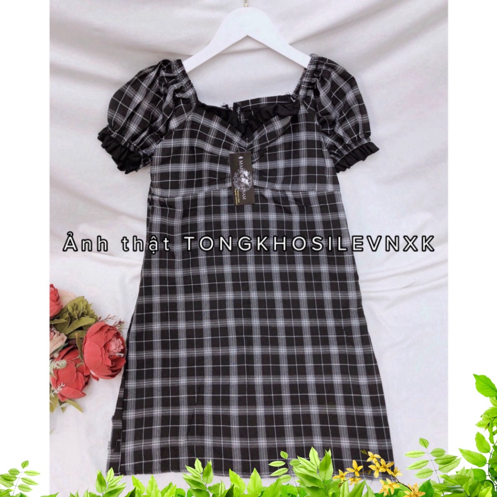 Đầm Kẻ Caro Trễ Vai Đen Dáng Chữ A Tay Bồng Viền Bèo Ngực - Váy Caro Kẻ Đen Cổ Vuông Ulzzang - Lisa.m.Store