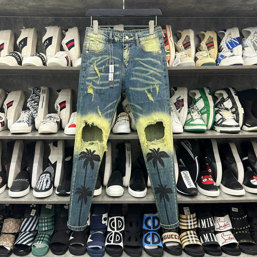 Quần jean bò nam Amiri skinny wash xanh vàng thủng gối tua viền dập hình cây dừa phong cách boy phố QJ227P | BigBuy360 - bigbuy360.vn