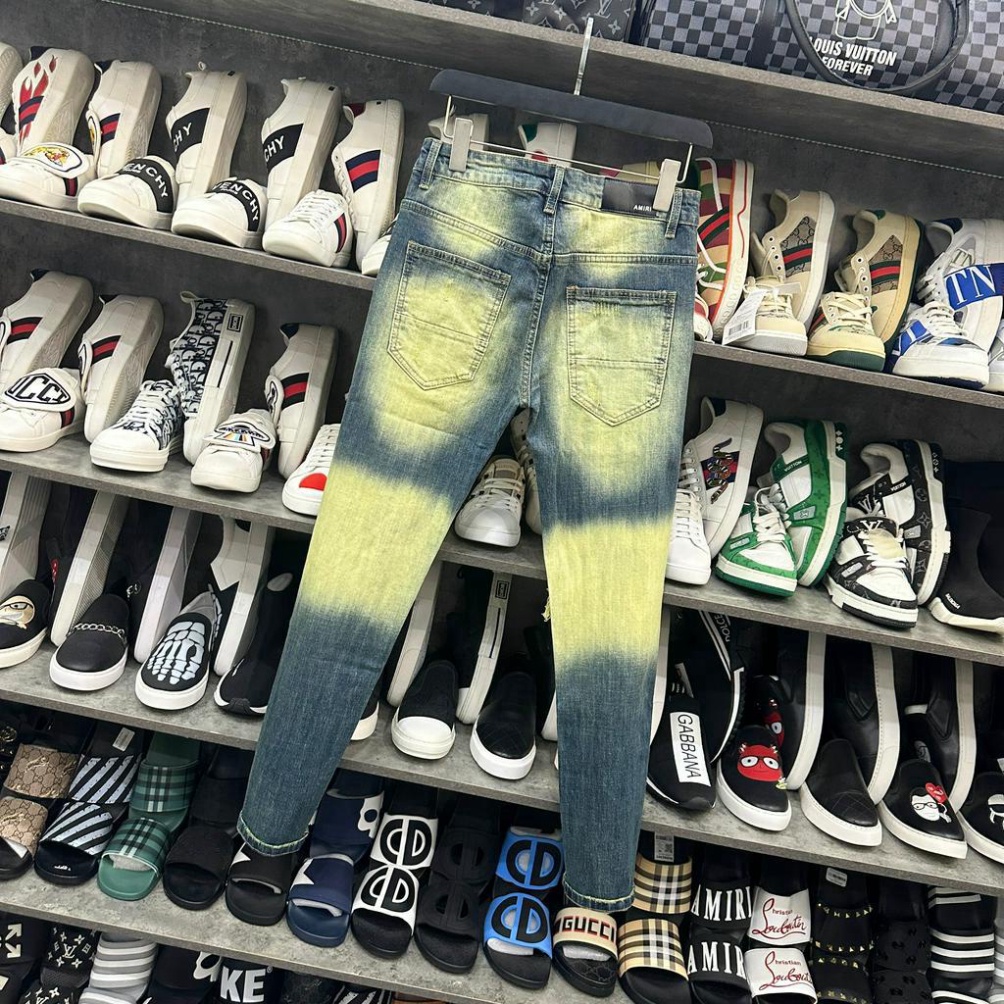 Quần jean bò nam Amiri skinny wash xanh vàng thủng gối tua viền dập hình cây dừa phong cách boy phố QJ227P | BigBuy360 - bigbuy360.vn