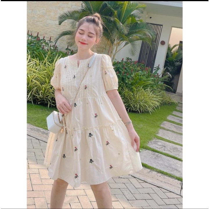 Đầm Suông Hoa Thêu xinh xắn, váy Babydoll cổ tròn tay bèo diện hè dáng xòe Hàn Quốc chất thoáng mát