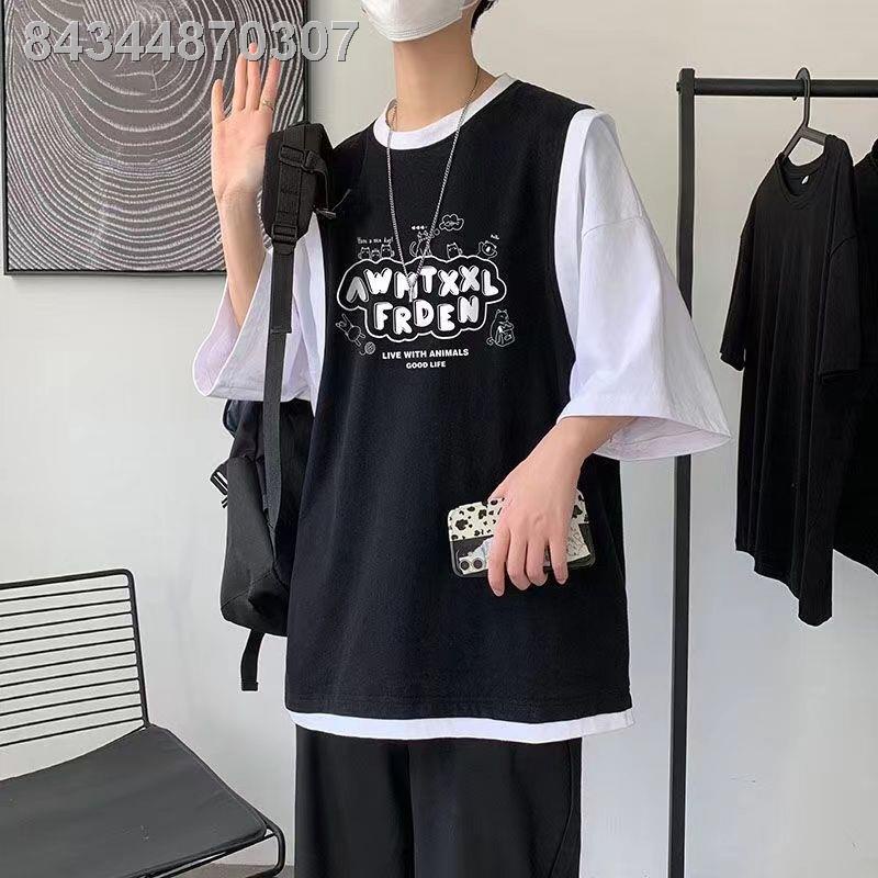 ∋▩ﺴBộ quần áo ngắn tay giả hai mảnh phong cách Hồng Kông mùa hè dành cho nam đẹp trai hợp thời trang Bộ