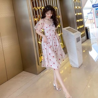 Đầm tiểu thư tay phồng lưới thêu hoa hồng cột nơ