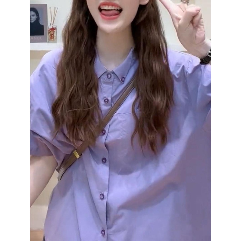 Hàng Mới Về Áo Sơ Mi Tay Ngắn Màu Tím Phong Cách hong kong Thời Trang Mùa Hè Cao Cấp Cho Nữ