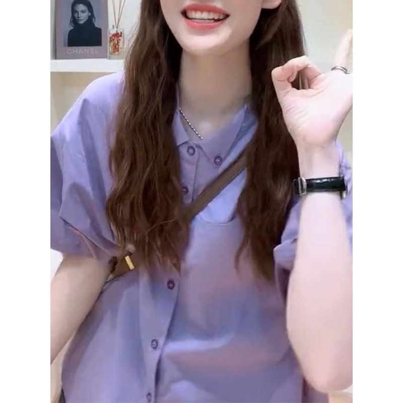 Hàng Mới Về Áo Sơ Mi Tay Ngắn Màu Tím Phong Cách hong kong Thời Trang Mùa Hè Cao Cấp Cho Nữ