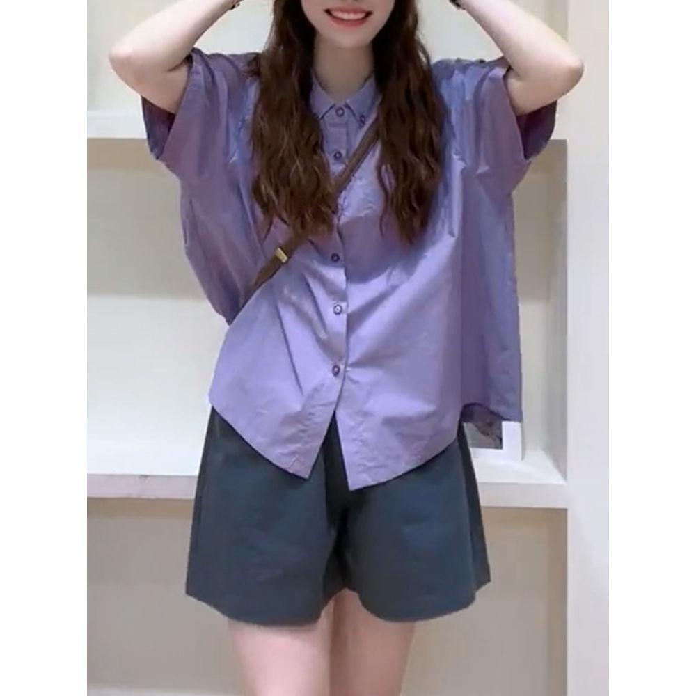 Hàng Mới Về Áo Sơ Mi Tay Ngắn Màu Tím Phong Cách hong kong Thời Trang Mùa Hè Cao Cấp Cho Nữ
