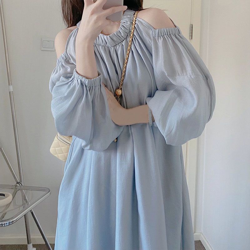 Hàng Mới Về Yan 'S house Đầm Dài Hở Vai Tay Phồng Màu Xanh Dương Nhẹ Nhàng Phong Cách Pháp Thanh Lịch Thời Trang Mùa Hè Dành Cho Bạn Nữ