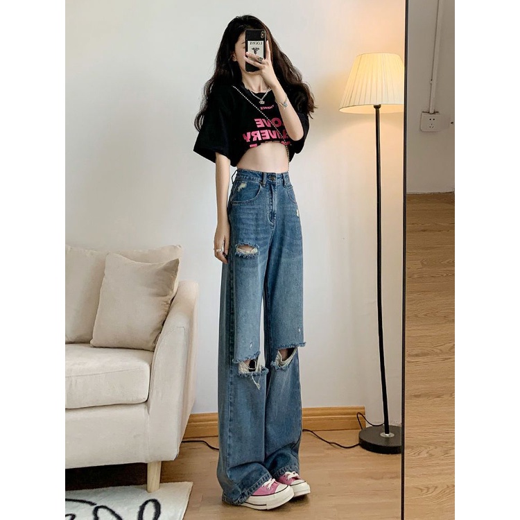 Jiashucheng Quần Jean Rách Lưng Cao Ống Rộng Phong Cách Retro Đường Phố Mùa Hè Mới Cho Nữ