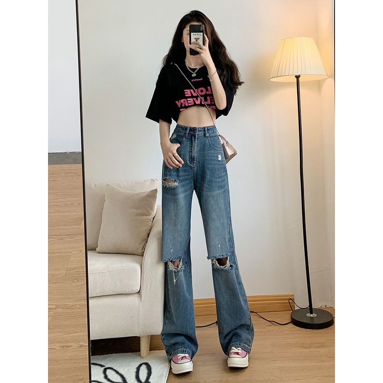 Jiashucheng Quần Jean Rách Lưng Cao Ống Rộng Phong Cách Retro Đường Phố Mùa Hè Mới Cho Nữ
