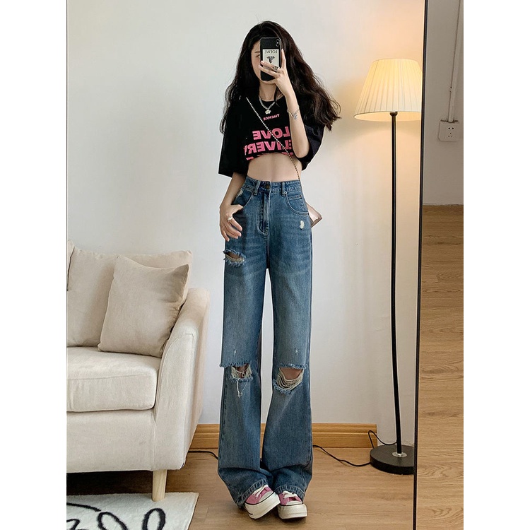 Jiashucheng Quần Jean Rách Lưng Cao Ống Rộng Phong Cách Retro Đường Phố Mùa Hè Mới Cho Nữ
