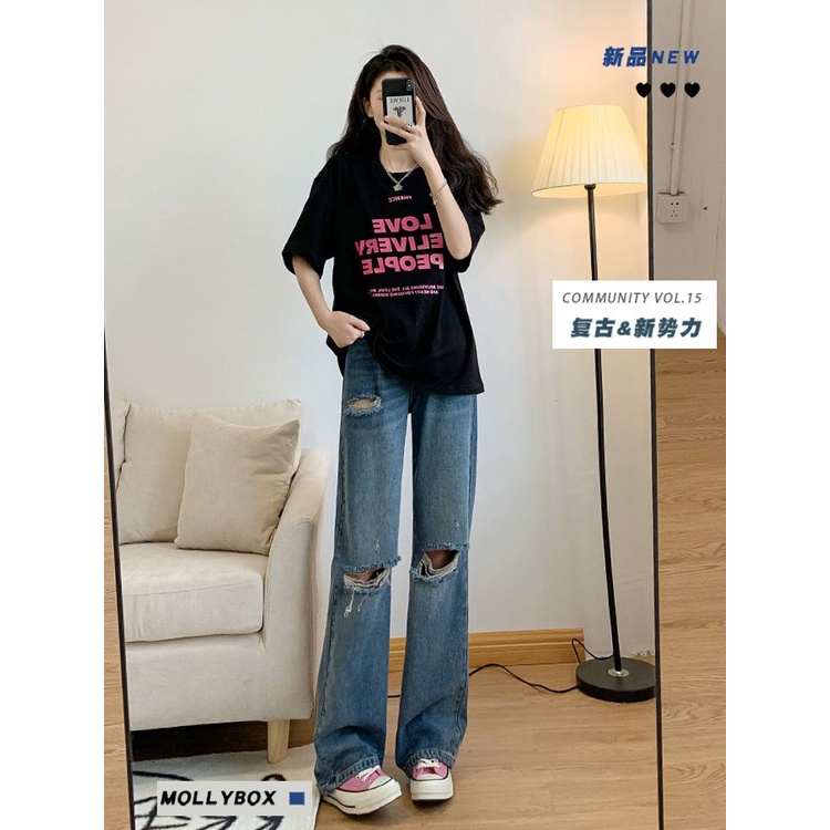 Jiashucheng Quần Jean Rách Lưng Cao Ống Rộng Phong Cách Retro Đường Phố Mùa Hè Mới Cho Nữ