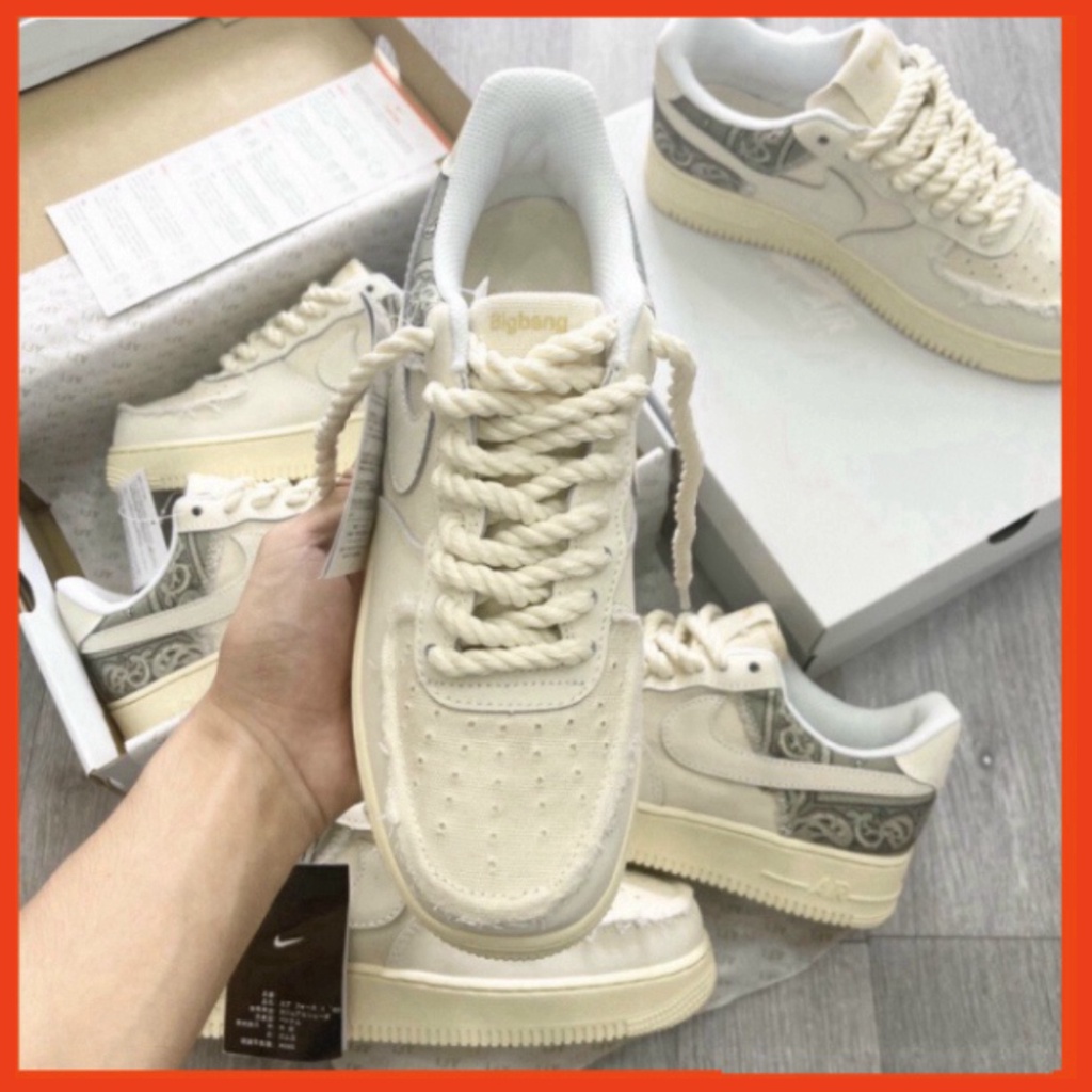 34 3 Giày thể thao AF1 dây thừng họa tiết Paisley màu kem, Giày sneaker thổ cẩm dây thừng nam nữ full bill box đi siêu ê | BigBuy360 - bigbuy360.vn