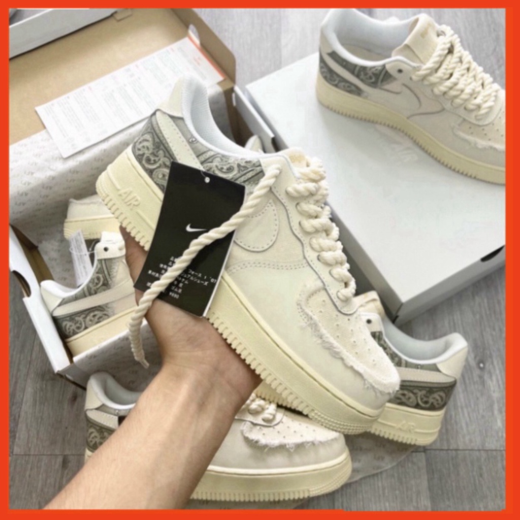 34 3 Giày thể thao AF1 dây thừng họa tiết Paisley màu kem, Giày sneaker thổ cẩm dây thừng nam nữ full bill box đi siêu ê | BigBuy360 - bigbuy360.vn