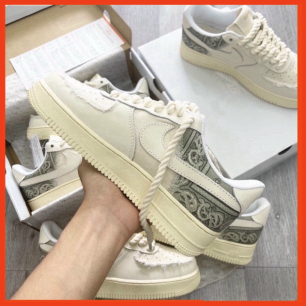 34 3 Giày thể thao AF1 dây thừng họa tiết Paisley màu kem, Giày sneaker thổ cẩm dây thừng nam nữ full bill box đi siêu ê | BigBuy360 - bigbuy360.vn