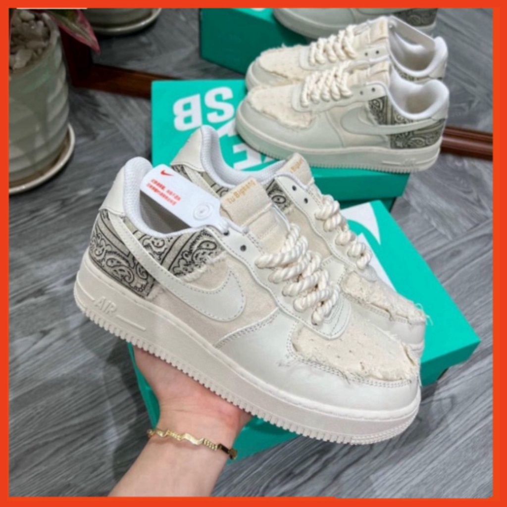 34 3 Giày thể thao AF1 dây thừng họa tiết Paisley màu kem, Giày sneaker thổ cẩm dây thừng nam nữ full bill box đi siêu ê | BigBuy360 - bigbuy360.vn
