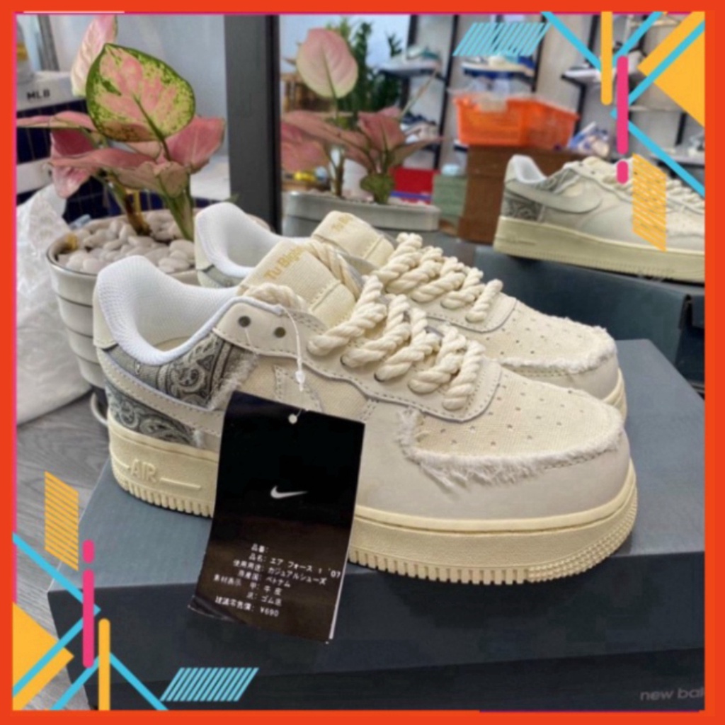 34 3 Giày thể thao AF1 dây thừng họa tiết Paisley màu kem, Giày sneaker thổ cẩm dây thừng nam nữ full bill box đi siêu ê | BigBuy360 - bigbuy360.vn