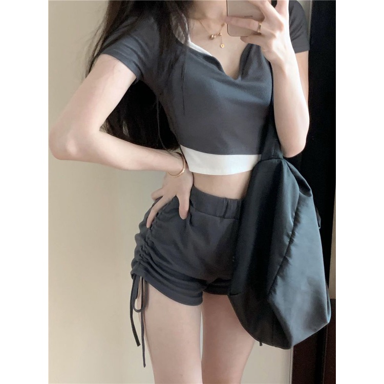 Jiashucheng Áo Thun Ngắn Tay Giả Hai Mảnh Phong Cách Retro Mỹ Mùa Hè Mới Cho Nữ Niche Desire