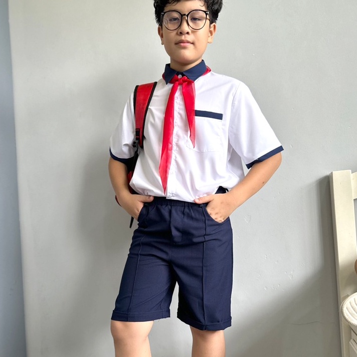 Áo sơ mi bé trai đi học phối xanh đồng phục học sinh nam