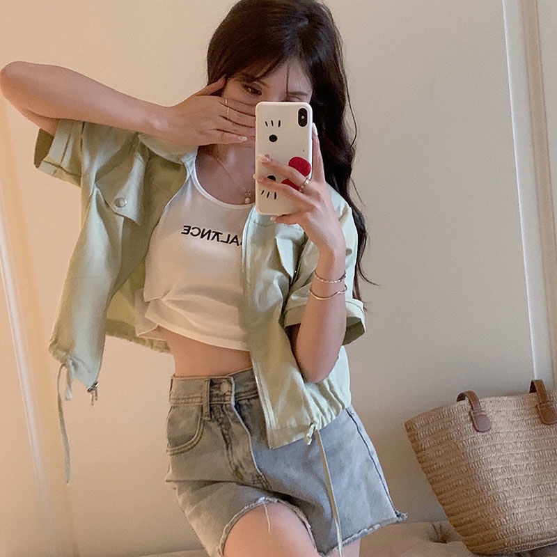 Jiashucheng Áo Cardigan Ngắn Tay Phối Dây Rút Thời Trang Mùa Hè Cho Nữ