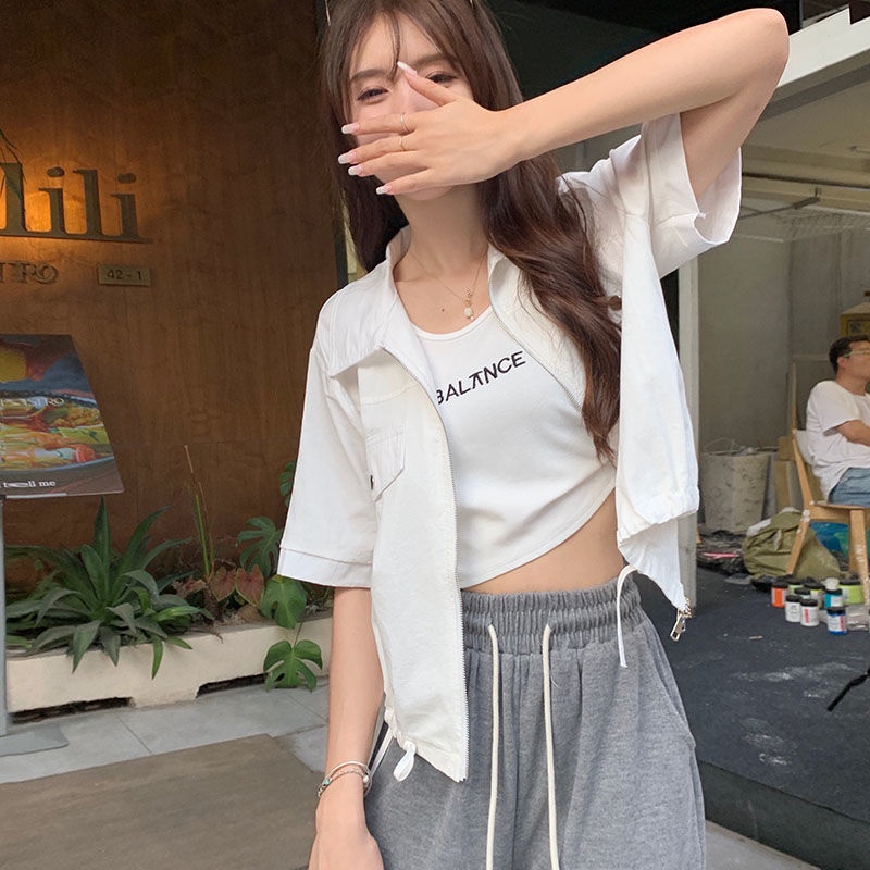 Jiashucheng Áo Cardigan Ngắn Tay Phối Dây Rút Thời Trang Mùa Hè Cho Nữ