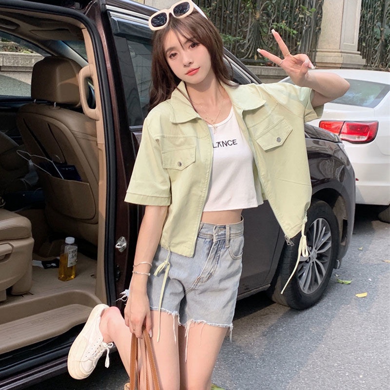 Jiashucheng Áo Cardigan Ngắn Tay Phối Dây Rút Thời Trang Mùa Hè Cho Nữ