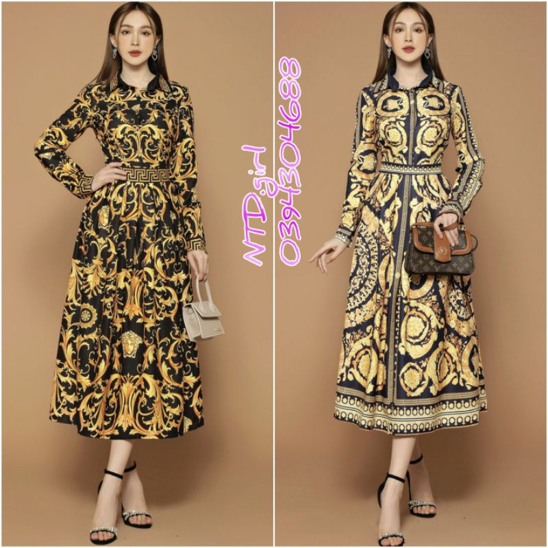 Hàng nhập - Đầm dáng xòe maxi lụa in hoa văn vàng óng, váy dự tiệc tay dài cổ bẻ