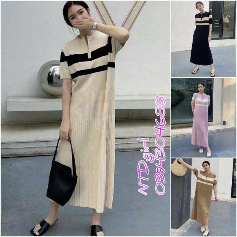 Hàng nhập - Đầm dáng suông len dệt kim cổ tròn kẻ ngang, váy xuông dài tay ngắn gân dọc