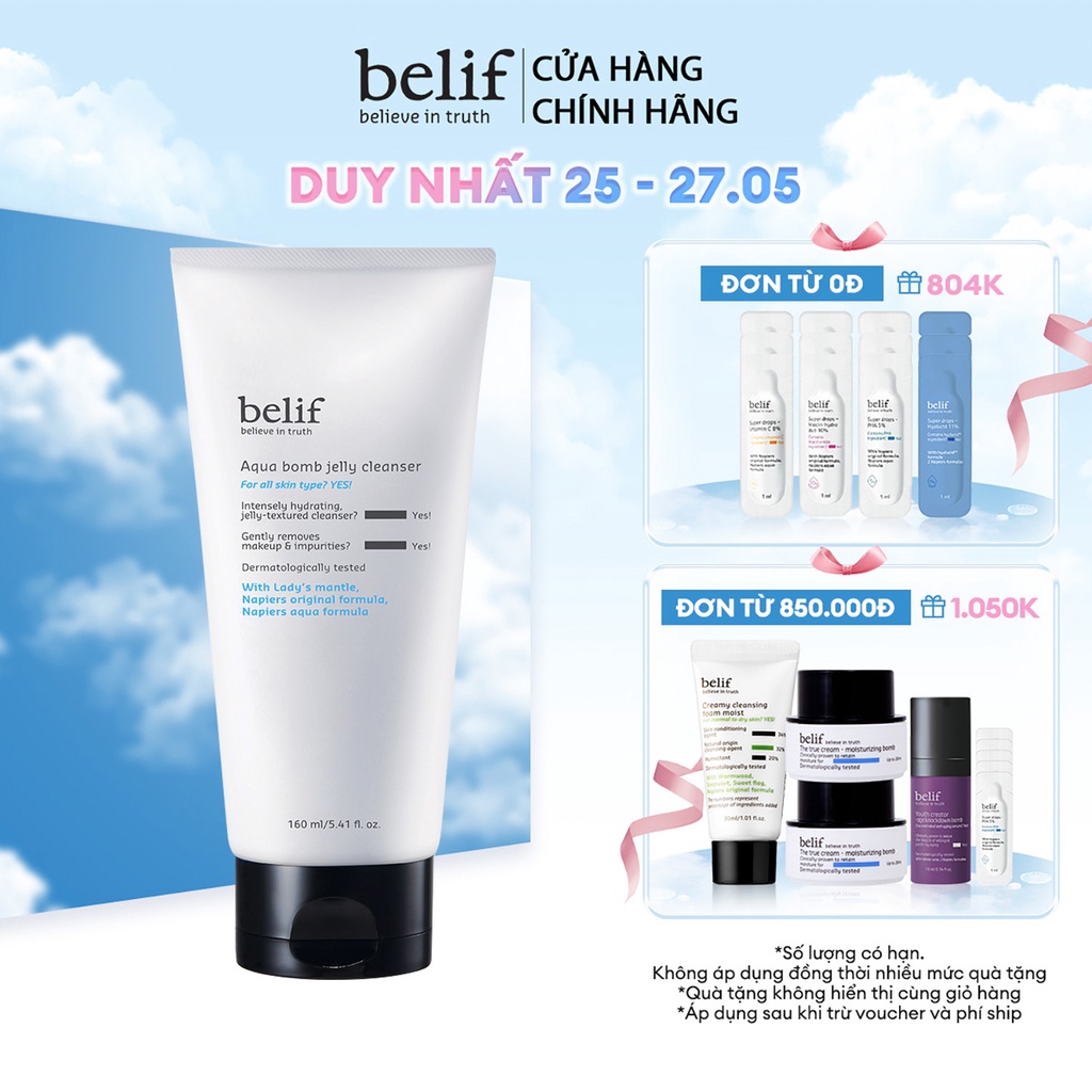 Gel rửa mặt dạng thạch cấp ẩm sạch sâu belif Aqua Bomb Jelly Cleanser 160 ml