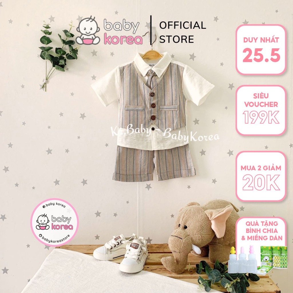 Set vest kẻ beige hoàng tử MiniCloset made in Korea cho bé trai thôi nôi, dự tiệc sinh nhật thời trang trẻ em BABYKOREA