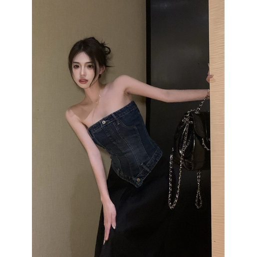 Jiashucheng Áo Denim Lệch Vai Dáng Ôm Thời Trang Mùa Hè Cho Nữ