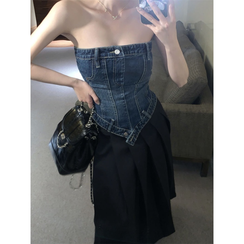 Jiashucheng Áo Denim Lệch Vai Dáng Ôm Thời Trang Mùa Hè Cho Nữ