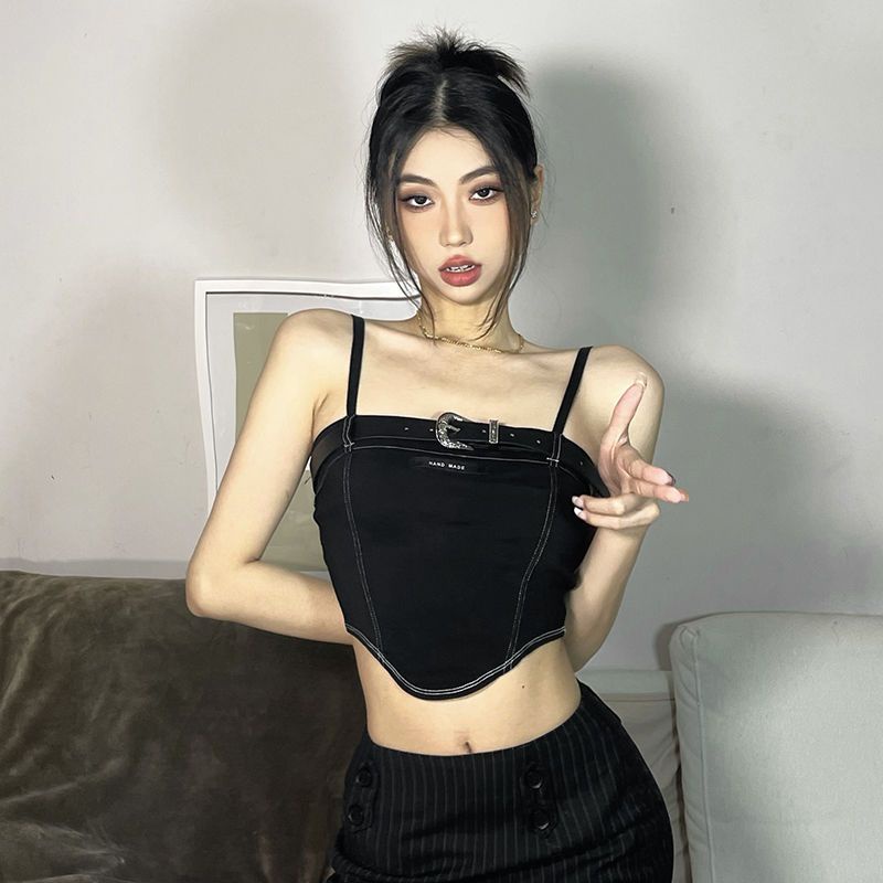 Jiashucheng Áo Hai Dây Denim Màu Đen Phong Cách Retro Cá Tính Dễ Phối Đồ Cho Nữ