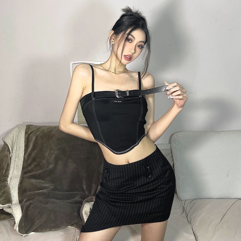 Jiashucheng Áo Hai Dây Denim Màu Đen Phong Cách Retro Cá Tính Dễ Phối Đồ Cho Nữ