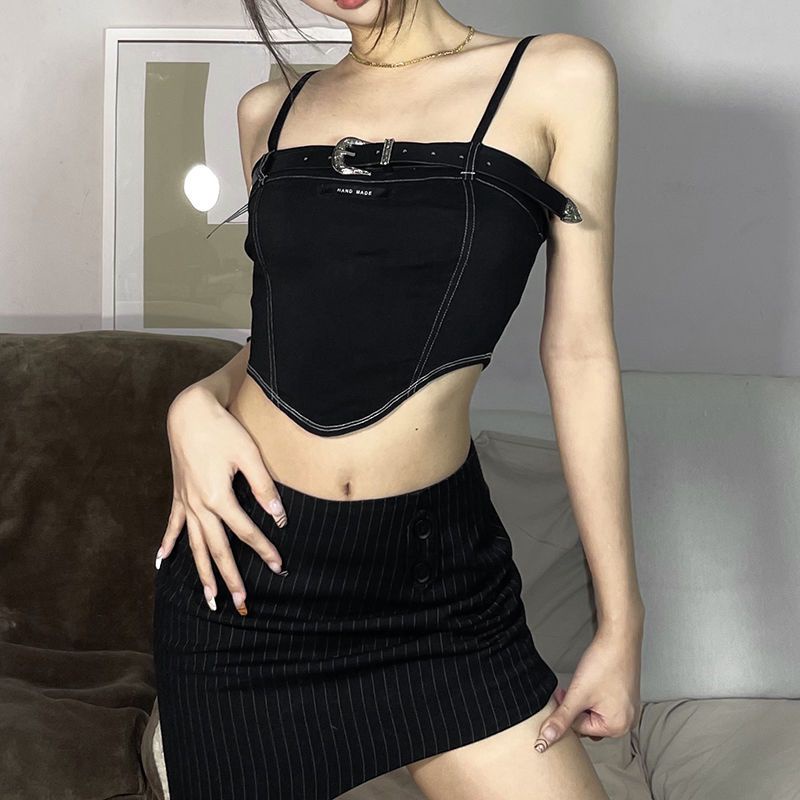 Jiashucheng Áo Hai Dây Denim Màu Đen Phong Cách Retro Cá Tính Dễ Phối Đồ Cho Nữ