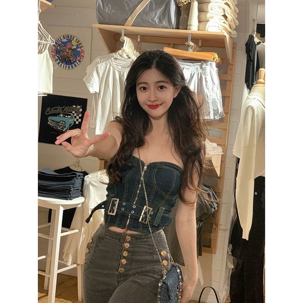 Jiashucheng Áo Yếm Denim Dáng Ôm Phong Cách Retro Mỹ Mùa Hè Mới Cho Nữ