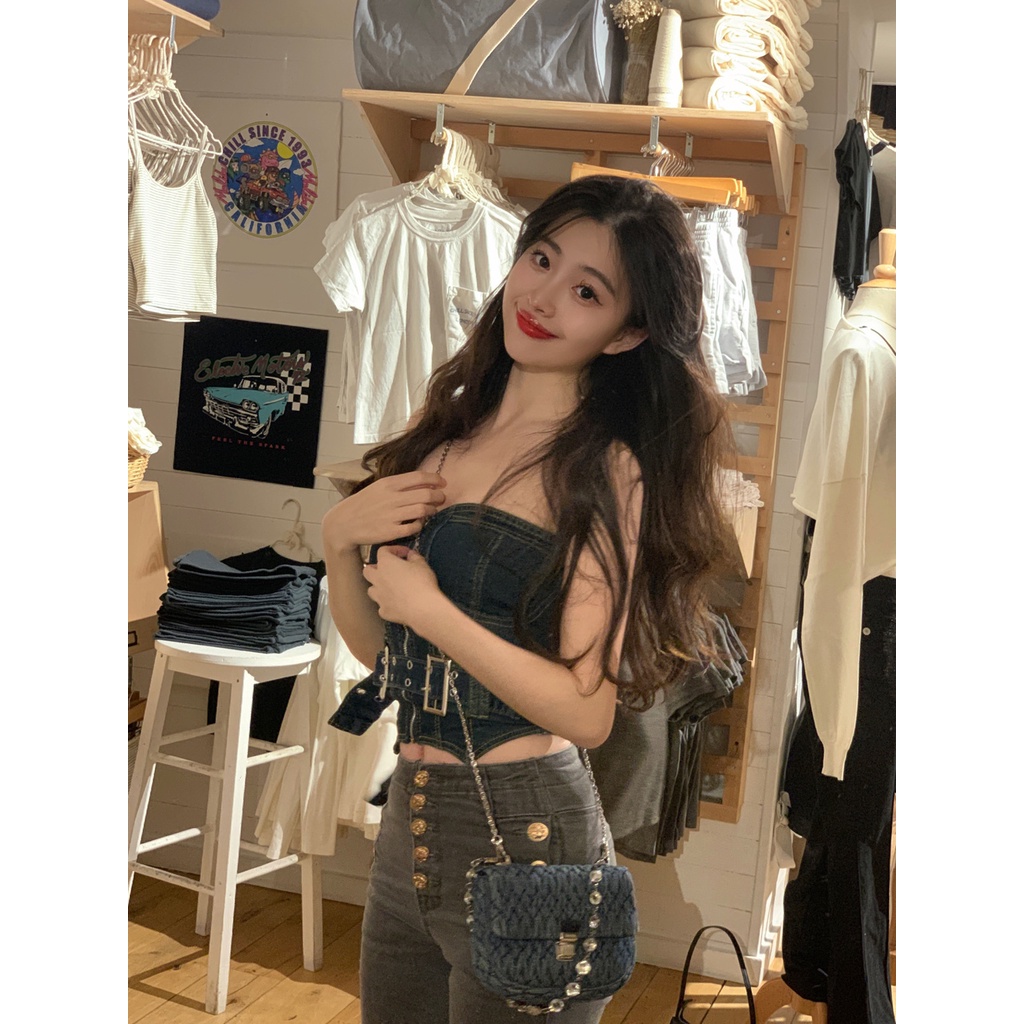 Jiashucheng Áo Yếm Denim Dáng Ôm Phong Cách Retro Mỹ Mùa Hè Mới Cho Nữ