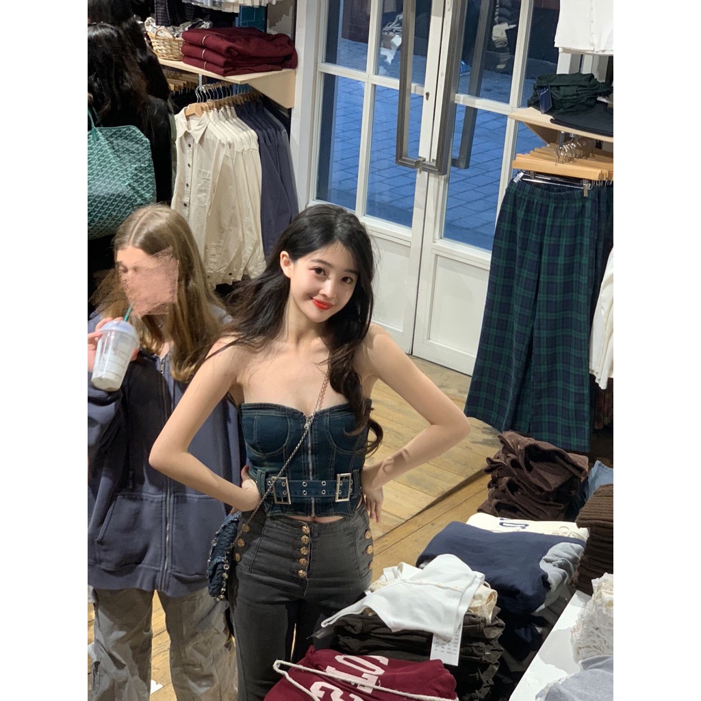 Jiashucheng Áo Yếm Denim Dáng Ôm Phong Cách Retro Mỹ Mùa Hè Mới Cho Nữ