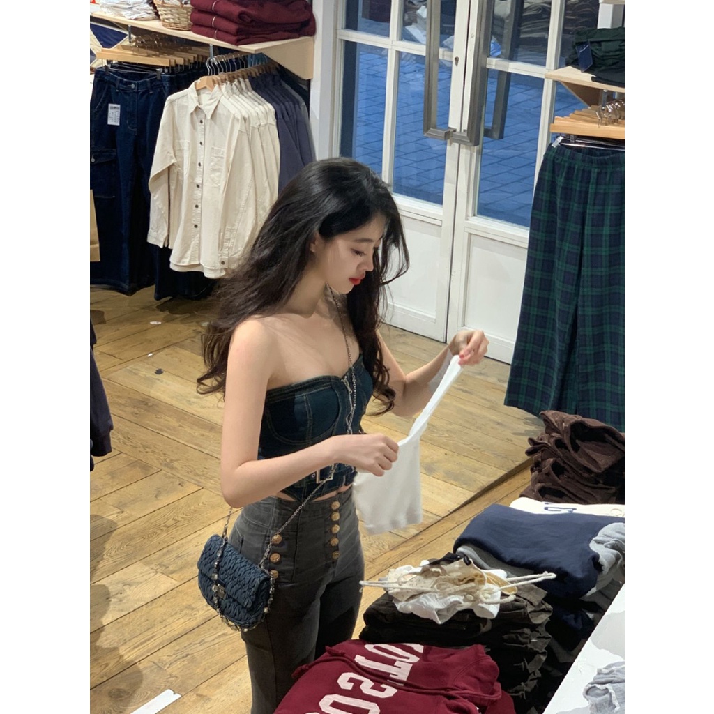 Jiashucheng Áo Yếm Denim Dáng Ôm Phong Cách Retro Mỹ Mùa Hè Mới Cho Nữ
