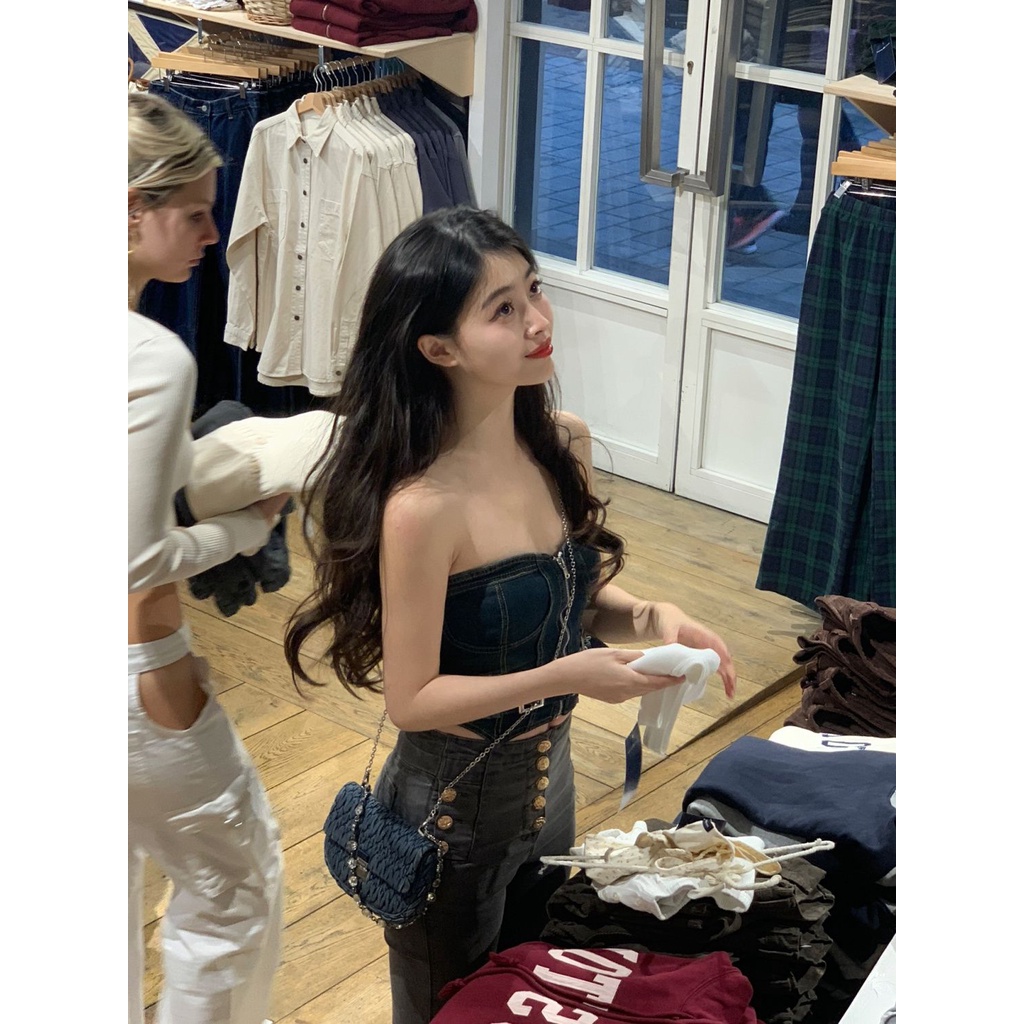 Jiashucheng Áo Yếm Denim Dáng Ôm Phong Cách Retro Mỹ Mùa Hè Mới Cho Nữ