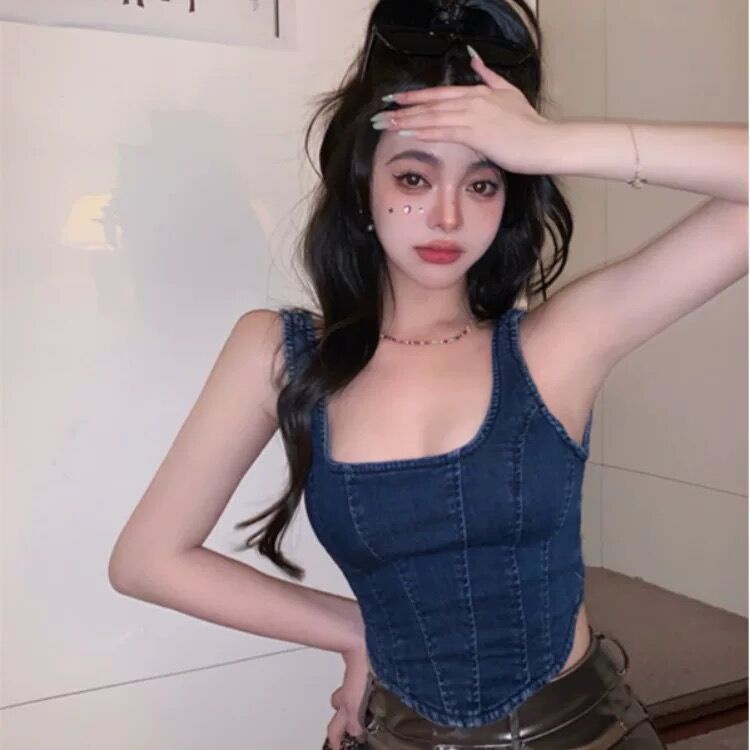 Jiashucheng JSC Áo Denim Hai Dây Dáng Ngắn Màu Xanh Dương Đậm Phong Cách Retro Mùa Hè Cho Nữ