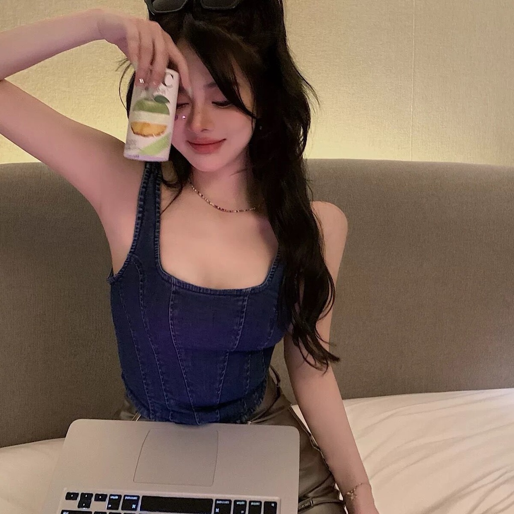 Jiashucheng JSC Áo Denim Hai Dây Dáng Ngắn Màu Xanh Dương Đậm Phong Cách Retro Mùa Hè Cho Nữ