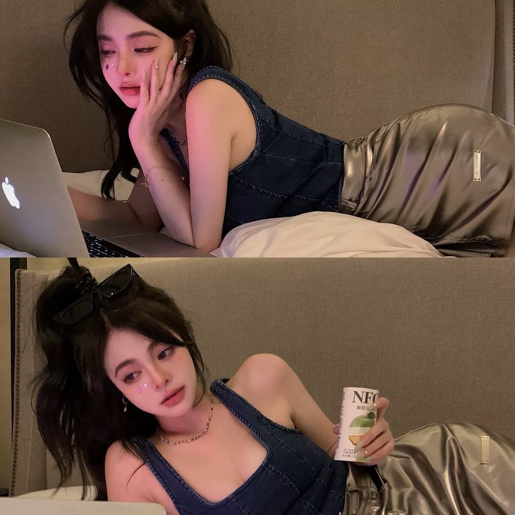 Jiashucheng JSC Áo Denim Hai Dây Dáng Ngắn Màu Xanh Dương Đậm Phong Cách Retro Mùa Hè Cho Nữ